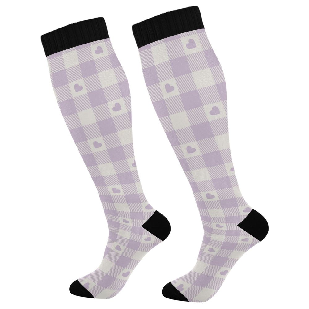 Wusikd Purple Heart Check Compression Socks for Women and Men Circulation Valentines Long Socks for Athletic Running 1