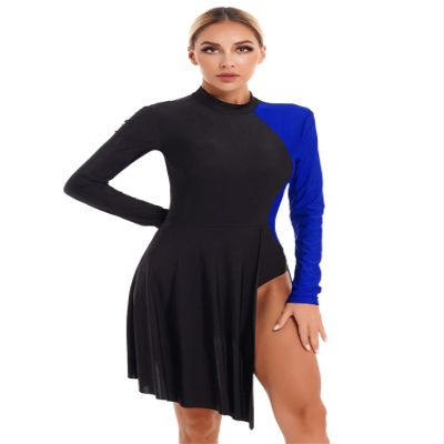 Aislor Women Color Block Latin Ballroom Dance Mock Neck Side Split Asymmetrical Hem Dance Dresses Royal Blue X-Large