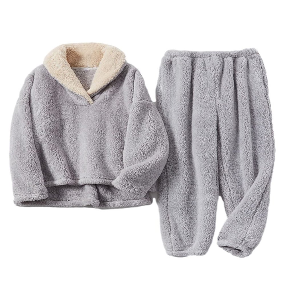 Peaceglad Mens Fluffy Coral Fleece Pajamas Set Pullover Pants Loose Plush Warm Loungewear Sleepwear(Grey,S)