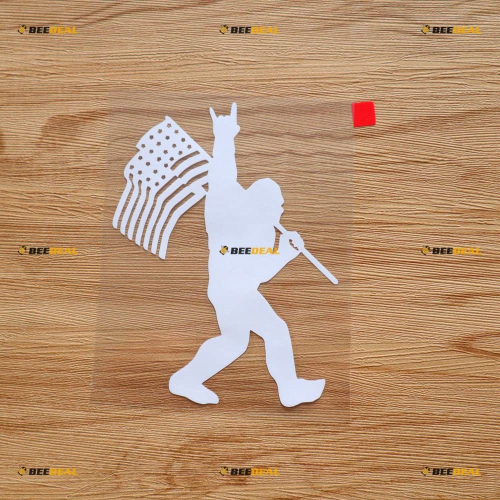 Bigfoot Sasquatch Rock On Holding American Flag Patriotic Sticker Decal Vinyl - White 5 Inches - No Background Die Cut for Car Boat Laptop