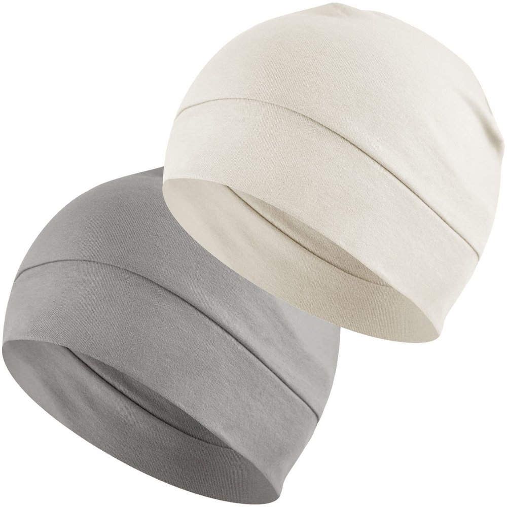 Headshion Cotton Skull Caps for Men Women,2-Pack Lightweight Beanie Sleep Hats Breathable Helmet Liner Grey,Ivory White
