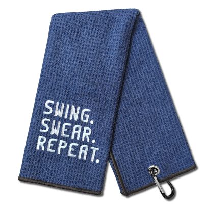 DYJYBMY Swing Swear Repeat Funny Blue Golf Towel, Embroidered Navy Bags Clip, Men, Birthday Golf Fan Gift