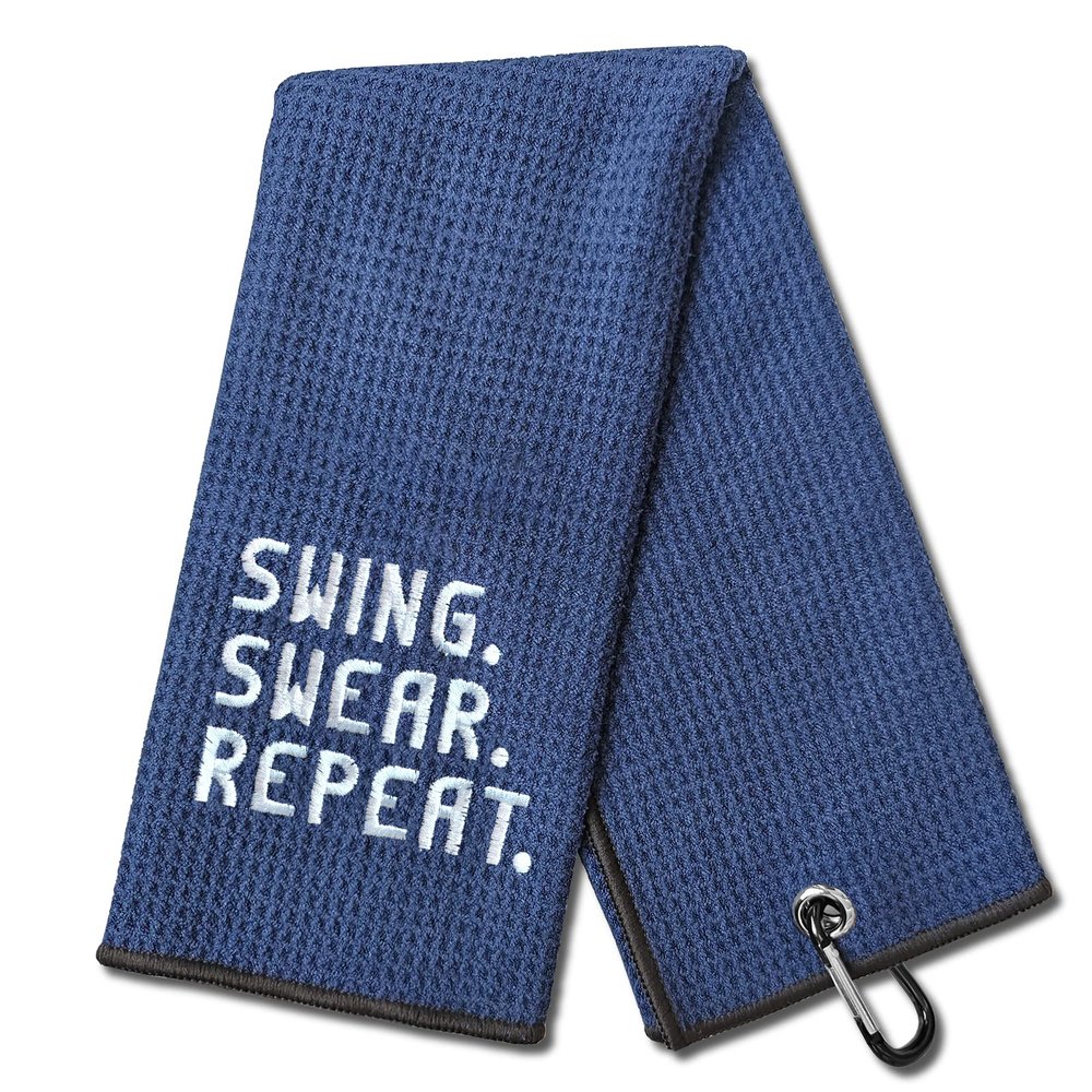 DYJYBMY Swing Swear Repeat Funny Blue Golf Towel, Embroidered Navy Bags Clip, Men, Birthday Golf Fan Gift