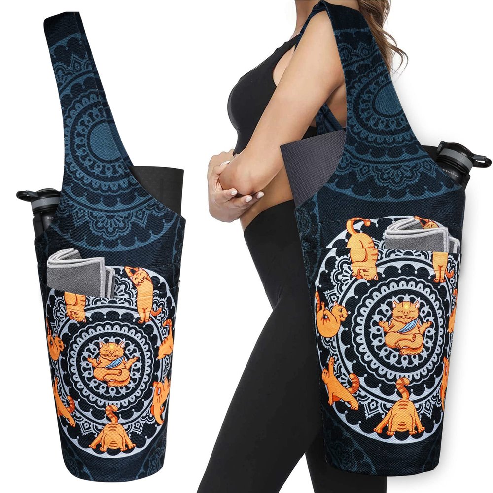 BagYG Yoga Mat Bag - Long Tote with Pockets Holds More Accessories Fit Most Size Mats Mandala Cat Pose Black Carrier, 37''x15.5'', BagYG-31005130
