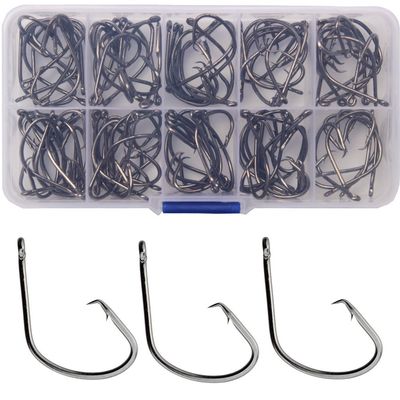 100pcs Offset in Line Fishing Hooks High Carbon Steel Fishing Hooks Circle Hooks Straight Eye Octopus Hook for Freshwater Saltwater Size 1#-5/0 (2/0)