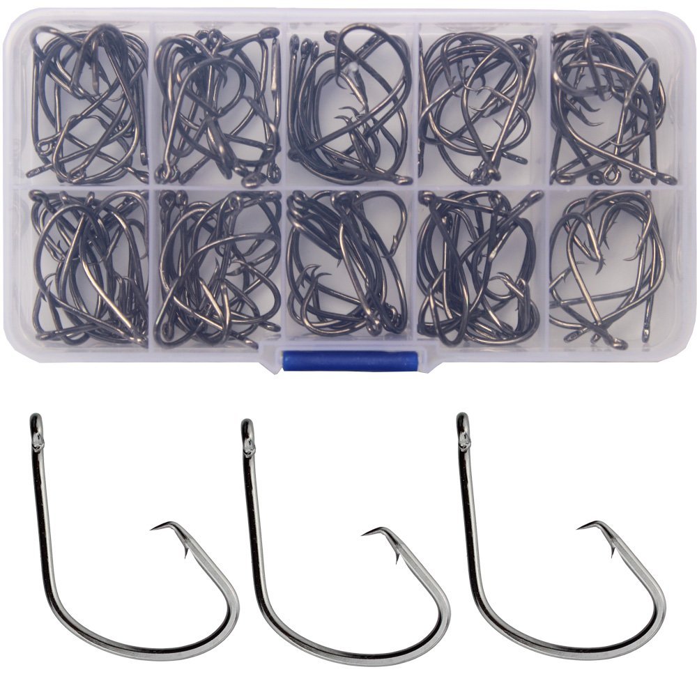 100pcs Offset in Line Fishing Hooks High Carbon Steel Fishing Hooks Circle Hooks Straight Eye Octopus Hook for Freshwater Saltwater Size 1#-5/0 (1/0)
