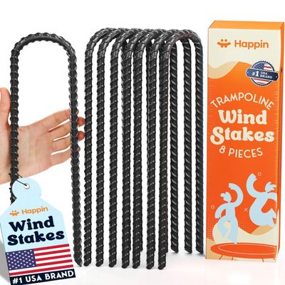 Happin Trampoline Stakes, Trampoline Accessories, Ground Stakes Heavy Duty, Ground Anchors Screw in, Rebar Stakes, Tent Anchors, Yard Spikes, Galvanized Steel (8 Pack, Black)