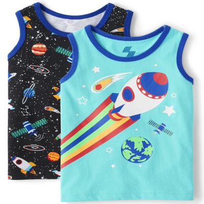 The Children's Place Boys Toddler Sleeveless Tank Top Shirt, Space Graphic 2-pack, 6-9 Months US