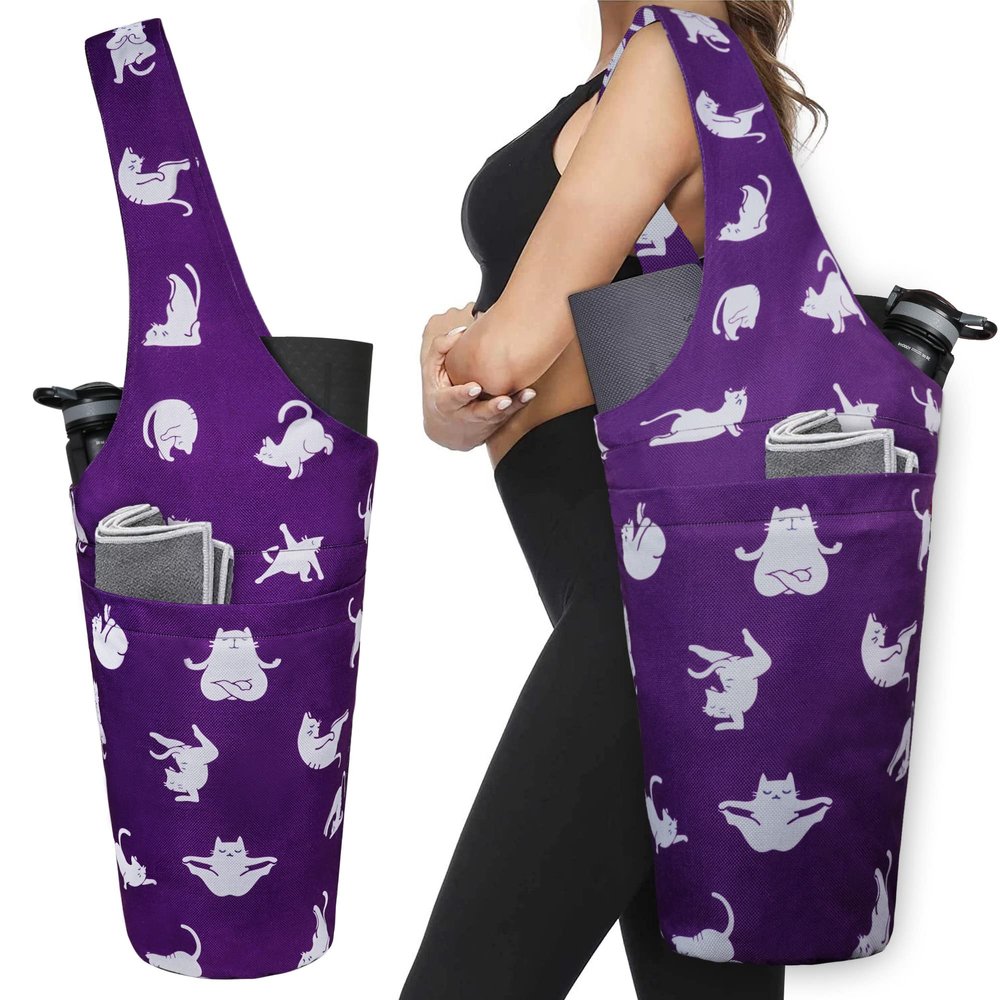 BagYG Yoga Mat Bag with Large Size Pocket & Zipper Pocket Tote Sling Carrier Cat Yoga Poses Purple Yoga Bag Fit Most Size Mats Holds More Yoga Accessories, 37''x15.5''