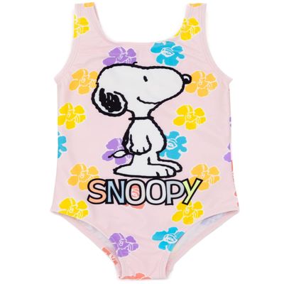 Peanuts Snoopy Swimsuit for Girls | Kids Pink All in One Floral Swimming Costume | Dog & Multicoloured Swimwear Bodysuit