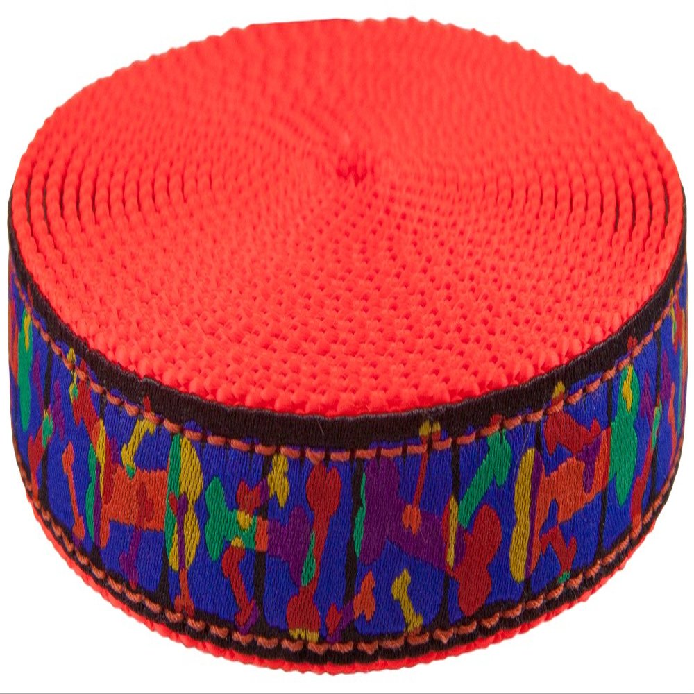 Country Brook Design - Multi-Colored Bones Ribbon on Neon Orange Nylon Webbing Closeout (3/4 Inch, 5 Yards)