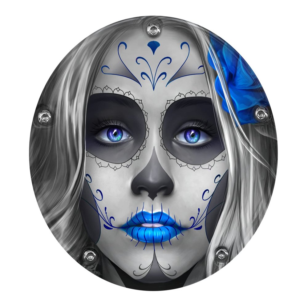 Custom Aluminum 5 Hole Twin Cam Derby Clutch Cover for Harley Davidson - Sugar Skull Blue (Glossy Finish, 1999-2015 Touring & Trike Models)