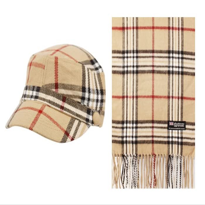 Super Soft Cashmere Feel Classic Plaid Trapper & Scarf set OR Cadet hat & Scarf set - Beige (Khaki Cadet Hat & Scarf)
