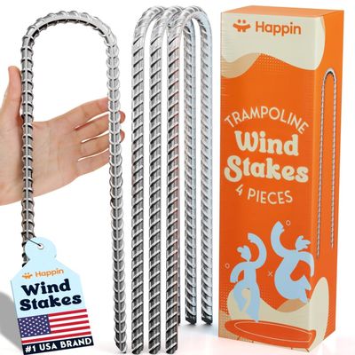 Happin Trampoline Stakes, Trampoline Accessories, Ground Stakes Heavy Duty, Ground Anchors Screw in, Rebar Stakes, Tent Anchors, Yard Spikes, Galvanized Steel (4 Pack, Silver)