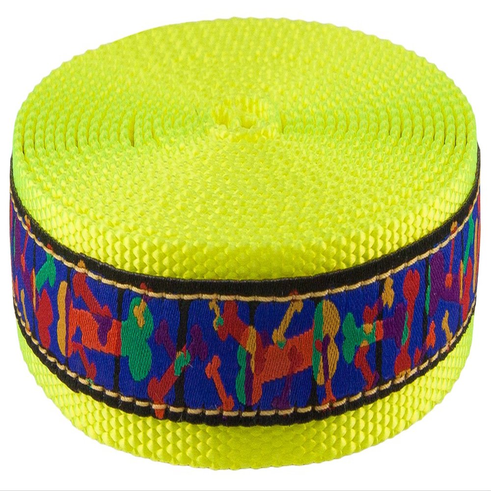 Multi-Colored Bones Ribbon on Hot Yellow Nylon Webbing Closeout (1 Inch, 5 Yards)