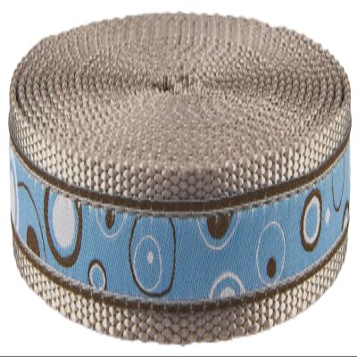 Blue and Brown Orbs Ribbon on Silver Nylon Webbing Closeout (1 Inch, 50 Yards)