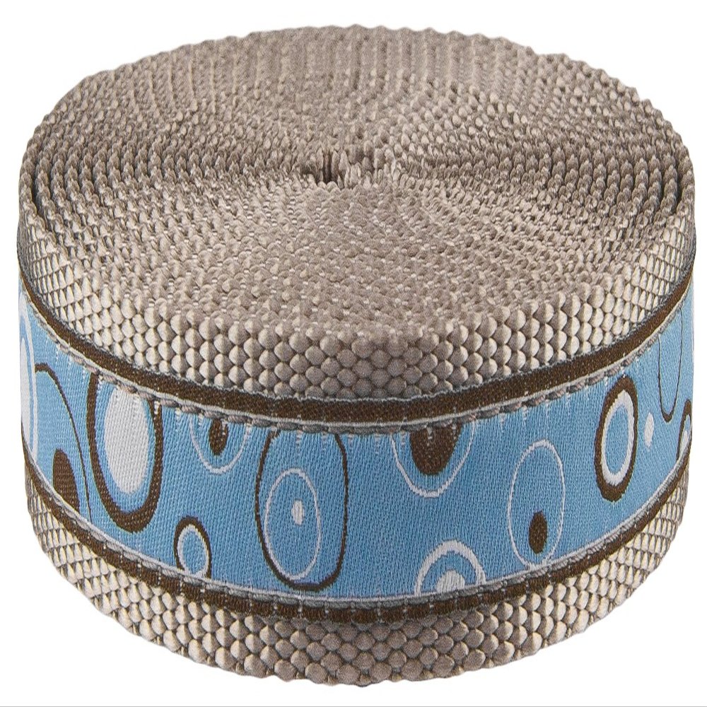 Blue and Brown Orbs Ribbon on Silver Nylon Webbing Closeout (1 Inch, 50 Yards)
