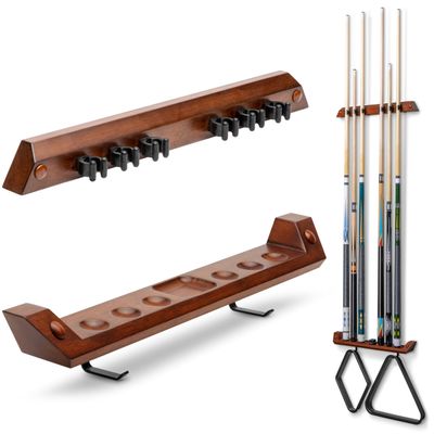 GoSports Wall Mounted Pool Cue Stick Holder - Holds 6 Cues and 2 Triangle Racks - Multiple Colors Available