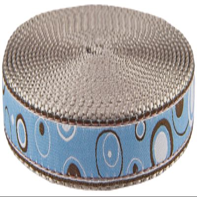 Country Brook Design - Blue and Brown Orbs Ribbon on Silver Webbing Closeout (3/4 Inch, 5 Yards)