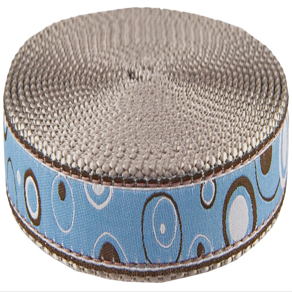Country Brook Design - Blue and Brown Orbs Ribbon on Silver Webbing Closeout (3/4 Inch, 5 Yards)