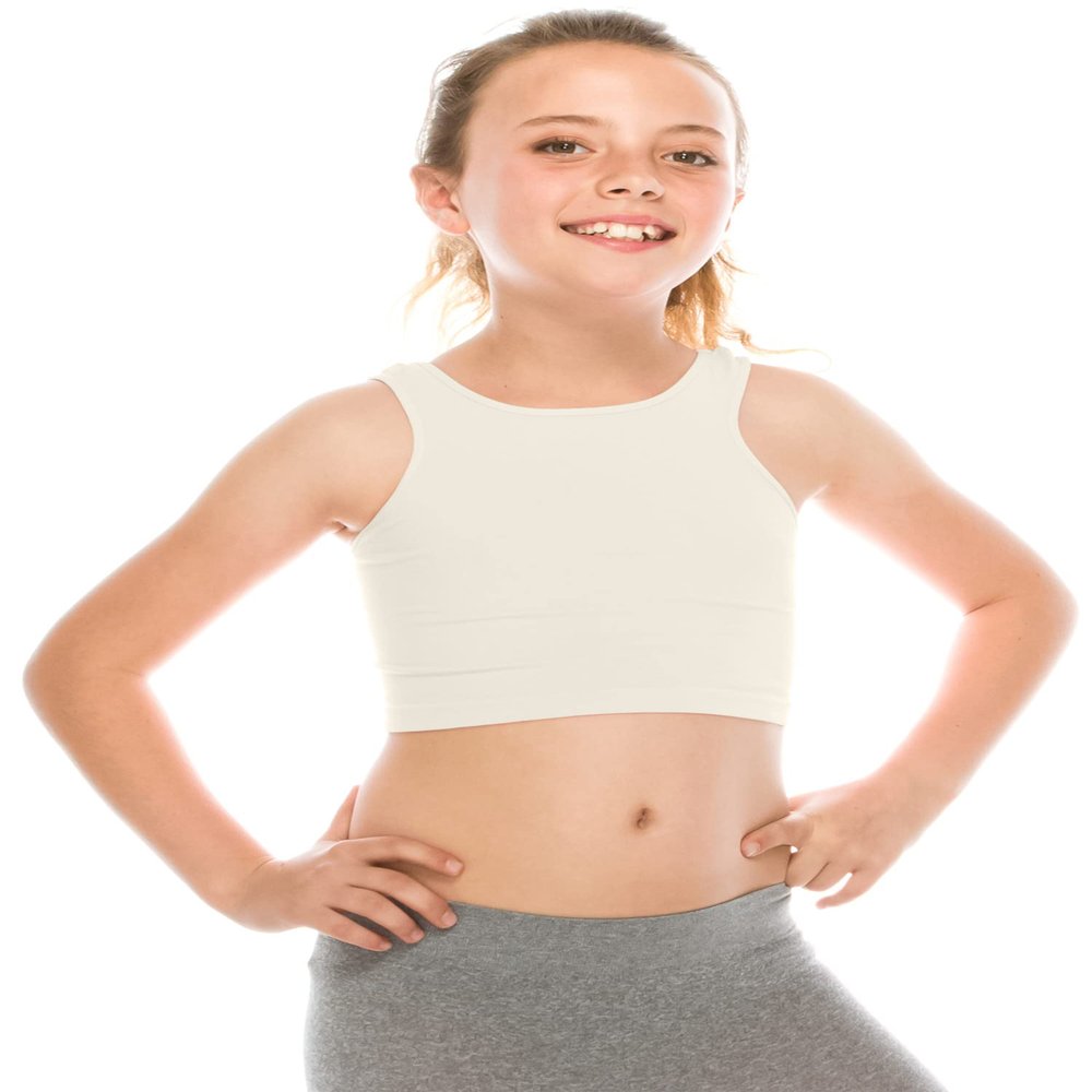 Kurve Premium Girls Seamless Supersoft Sleeveless Crop Tank Top - Stretchy Bra, UV UPF 50+ (Made in USA), Cream, 9 Years-14 Years
