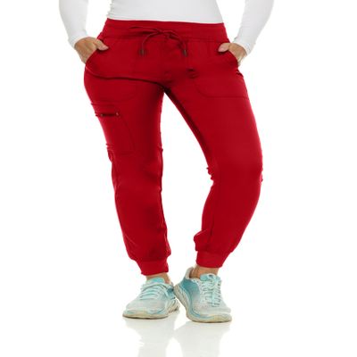 MediChic Womens Scrub Jogger Pants  6 Pockets, 4-Way Stretch, Ribbed Waist, Easy-Care Medical Workwear Red