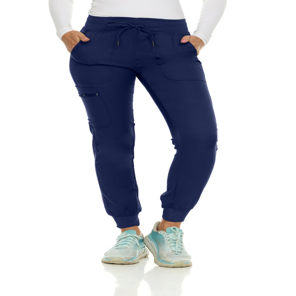 MediChic Womens Scrub Jogger Pants 6 Pockets, 4-Way Stretch, Ribbed Waist, Easy-Care Medical Workwear Navy