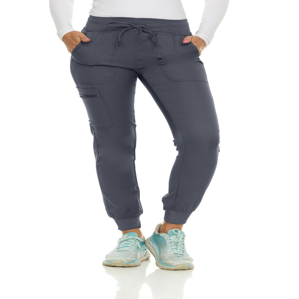 MediChic Medical Nursing Ribbed Scrub Joggers for Women - Stretch Jogger Scrub Knit Waist Bottoms with 6 Pockets, Easy Care Pewter