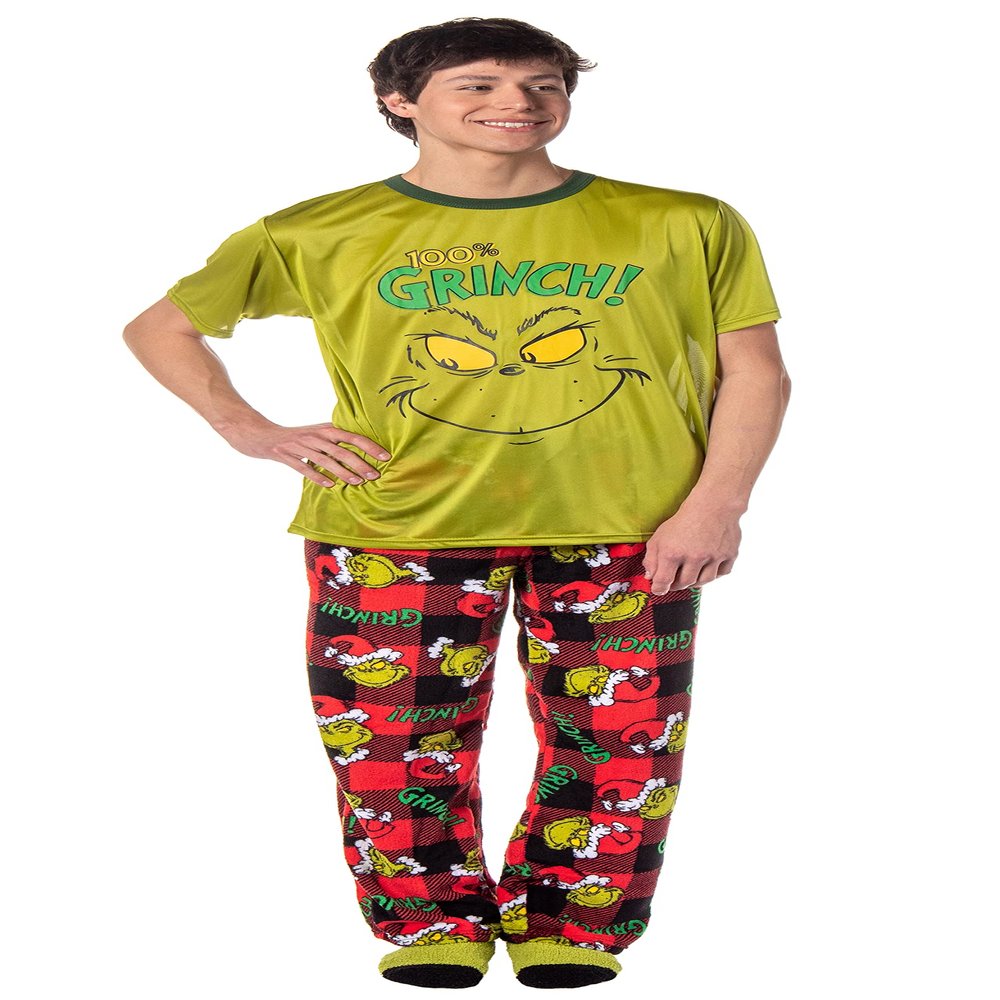 Dr. Seuss GRINCH Men's Pajama Pants Shirt and Socks 3 Piece Pajama Set (Large) Multicolored