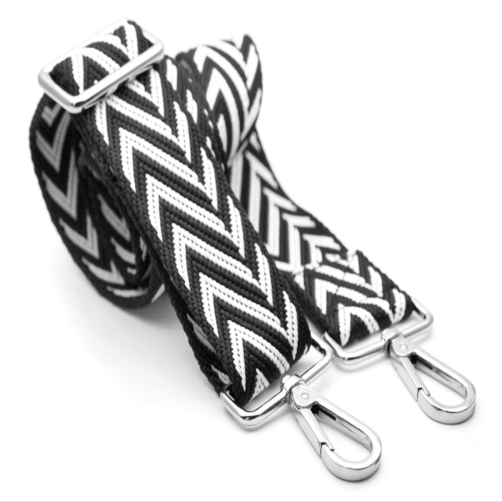 CRAFTMEMORE Shoulder Strap Adjustable Bag Handle Crossbody Nylon Belt Replacement JK01(Black+White, Silver Clasp)