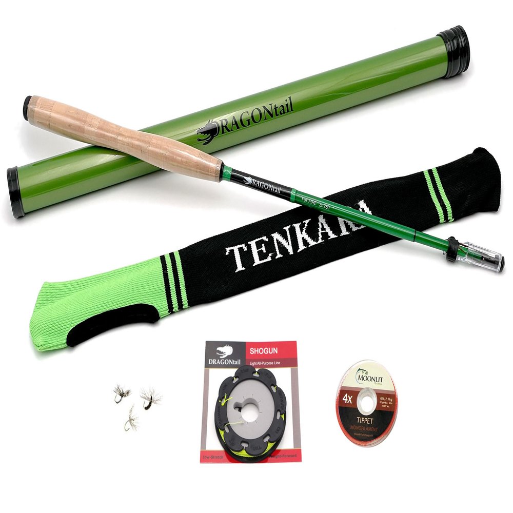 DRAGONtail Foxfire zx280 Zoom Zoom Fiberglass - Hybrid Tenkara Rod, Furled Line Kit - Green