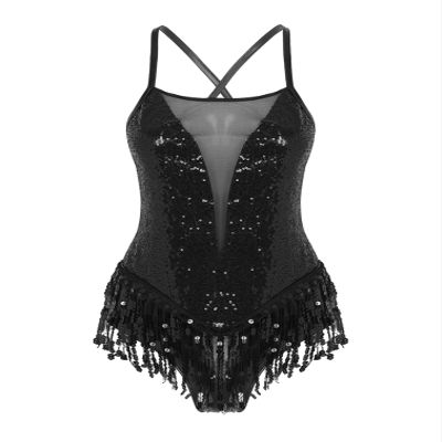 HULIJA Women's Shiny Sequin Leotard Fringe Tassel Latin Jazz Dance Leotard Ballroom Lyrical Dance Costumes Cross Back-BK Medium