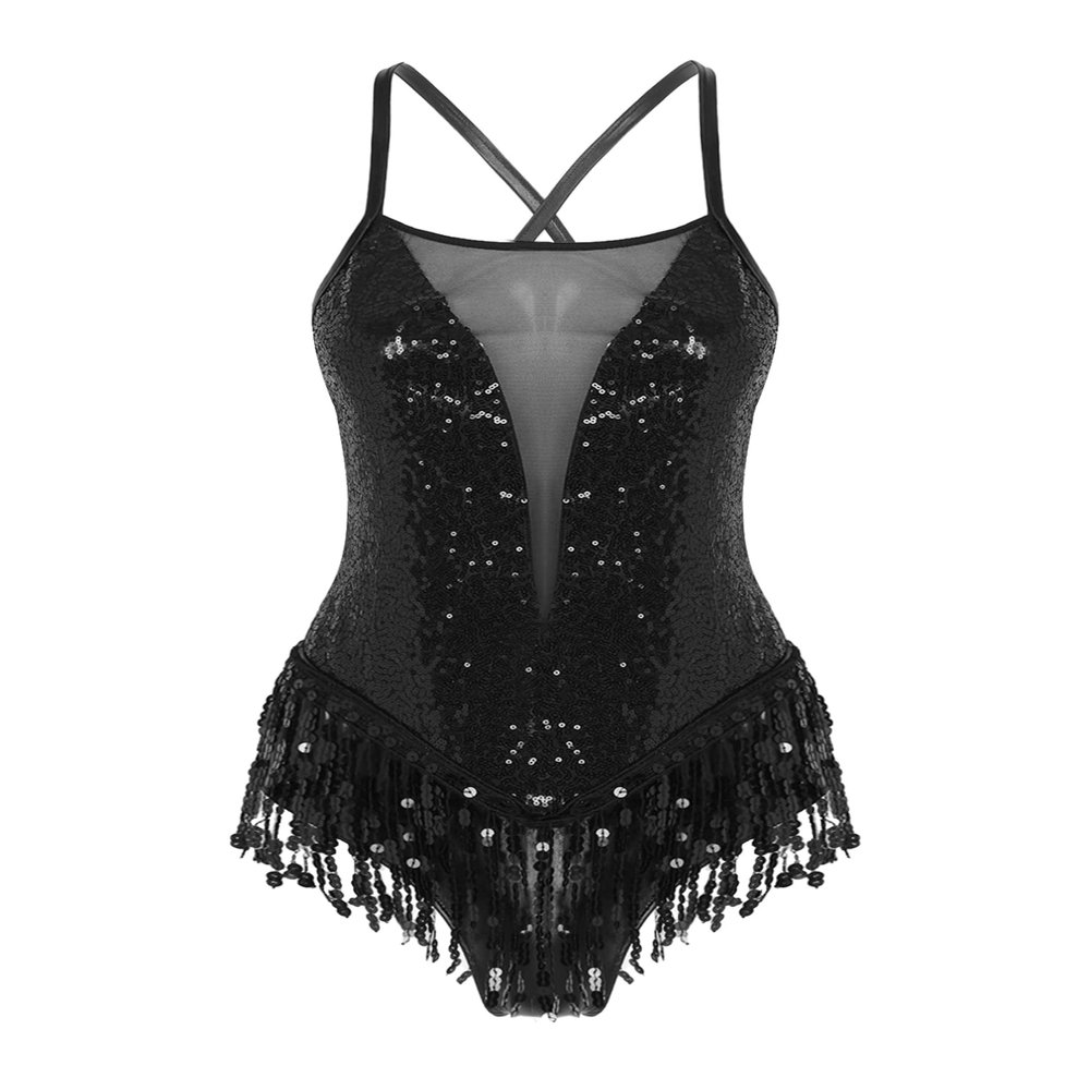 HULIJA Women's Shiny Sequin Leotard Fringe Tassel Latin Jazz Dance Leotard Ballroom Lyrical Dance Costumes Cross Back-BK Medium