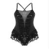 HULIJA Women's Shiny Sequin Leotard Fringe Tassel Latin Jazz Dance Leotard Ballroom Lyrical Dance Costumes Cross Back-BK Medium view 1