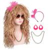 FantaLook Women Long Curly 80s Blonde with Reddish Brown Cosplay Wig with Lace Headband Earrings and Necklace for Halloween view 1