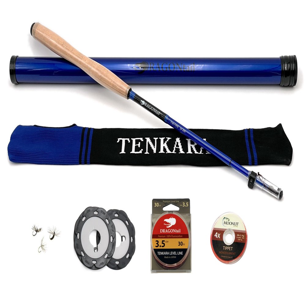 DRAGONtail Foxfire zx280 Zoom Zoom Fiberglass - Hybrid Tenkara Rod, with Level Line Kit - Blue