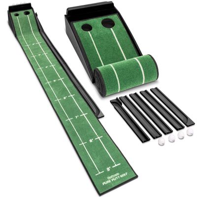 GoSports Pure Putt Golf 9 ft Putting Green Ramp - Premium Wood Training Aid for Home & Office Putting Practice - Includes 4 Golf Balls - Black