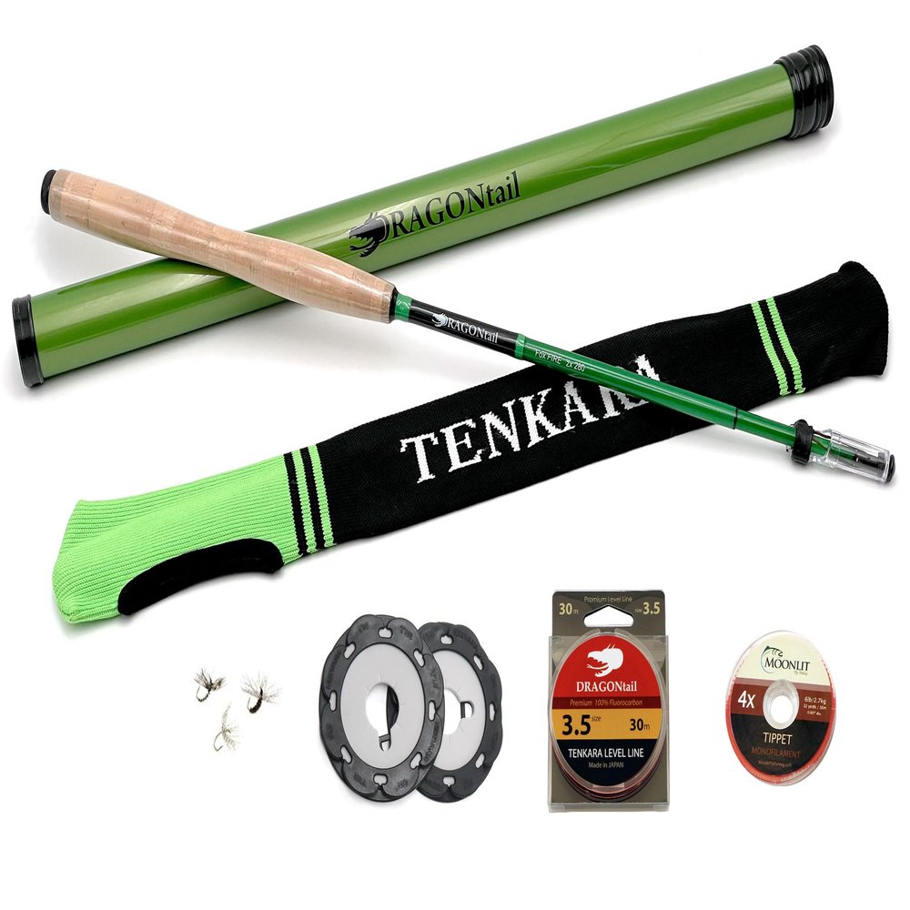 DRAGONtail Foxfire zx280 Zoom Zoom Fiberglass - Hybrid Tenkara Rod, Level Line Kit - Green