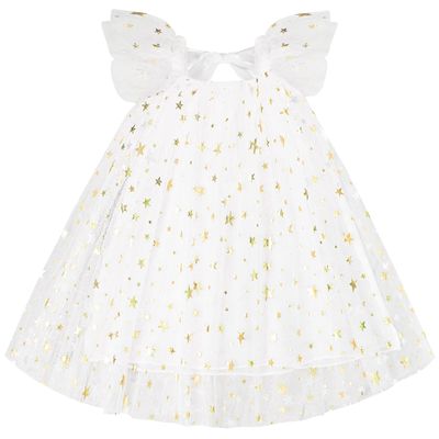 AGQT Toddler Girls Tulle Tutu Dress Flutter Sleeve Sequin Layered Summer Babydoll Birthday Tea Party Gowns Baptism Christening Pageant Sundress White-Big Star Size 12-24 Months