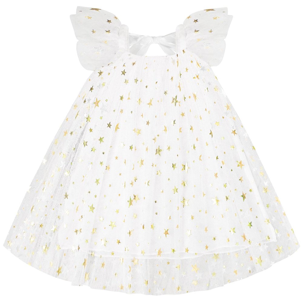 AGQT Toddler Girls Tulle Tutu Dress Flutter Sleeve Sequin Layered Summer Babydoll Birthday Tea Party Gowns Baptism Christening Pageant Sundress White-Big Star Size 12-24 Months