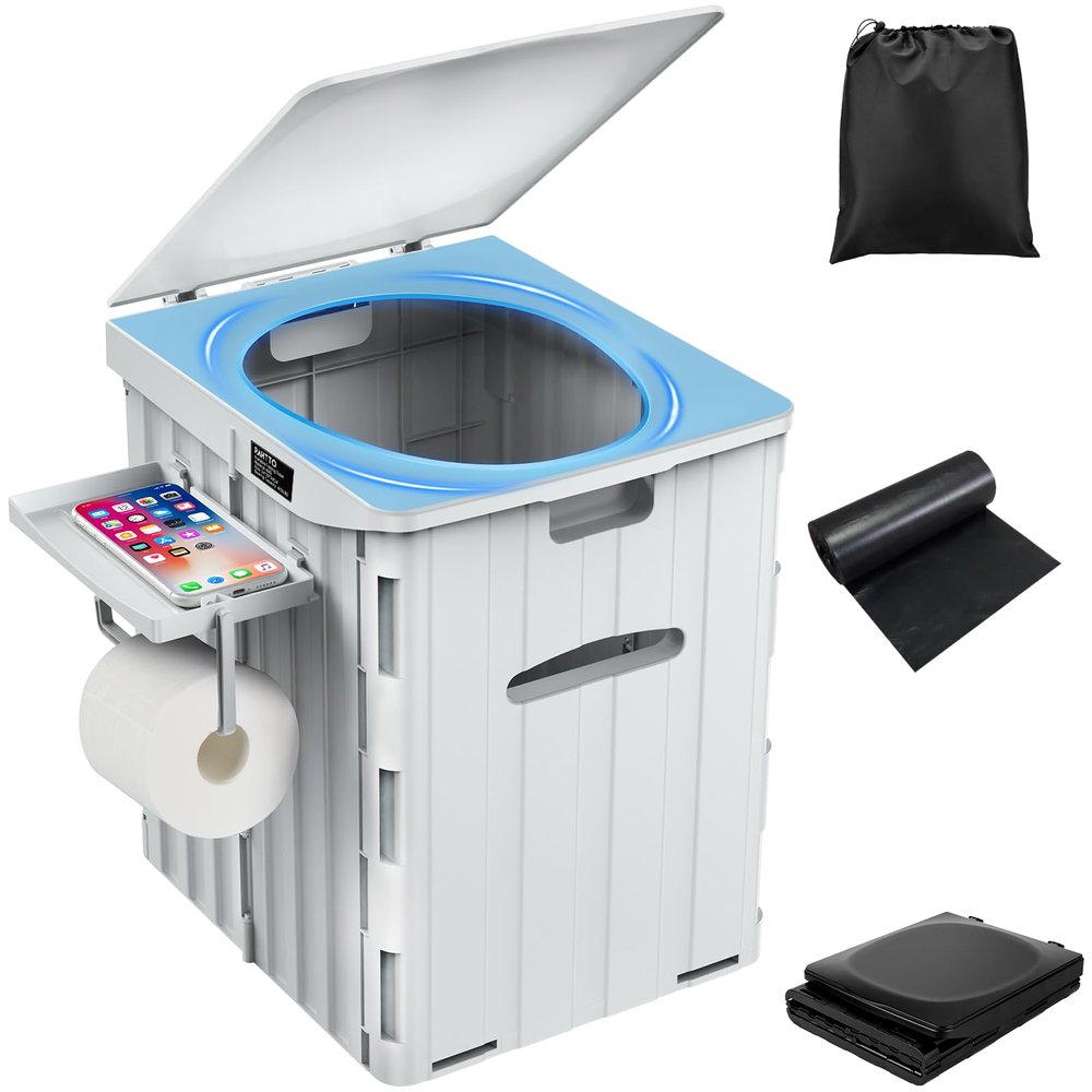 XL Portable Toilet for Adults Extra Large, 15.4"H Foldable Camping Toilet with Detachable Phone Shelf and Toilet Paper Holder, Waterproof Porta Potty with Lid for Camping, Long Road Trips, Car, Gray