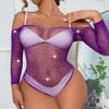 Abberrki Women Sexy Mesh Bodysuit Fishnet Sparkle Rhinestone Teddy Lingerie Halloween Rave Sheer Outfit (Purple) view 2