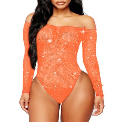 Abberrki Women Sexy Mesh Bodysuit Fishnet Sparkle Rhinestone Teddy Lingerie Halloween Rave Sheer Outfit (Orange)