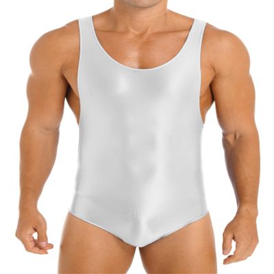 renvena Men's Glossy Stretchy Bodysuit Sleeveless U Neck Skinny Jumpsuit Wrestling Singlet Swimwear White X-Large