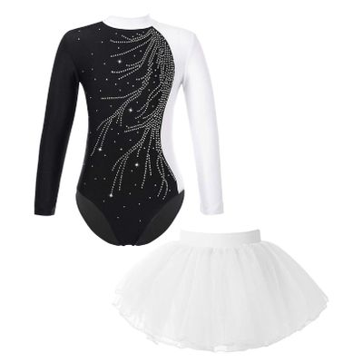 Linjinx Kids Girls Rhinestone Long Sleeve Ballet Dance Dress Set 2 Pieces Gymnastic Leotard with Tutu Skirt Dancewear White 16 Years