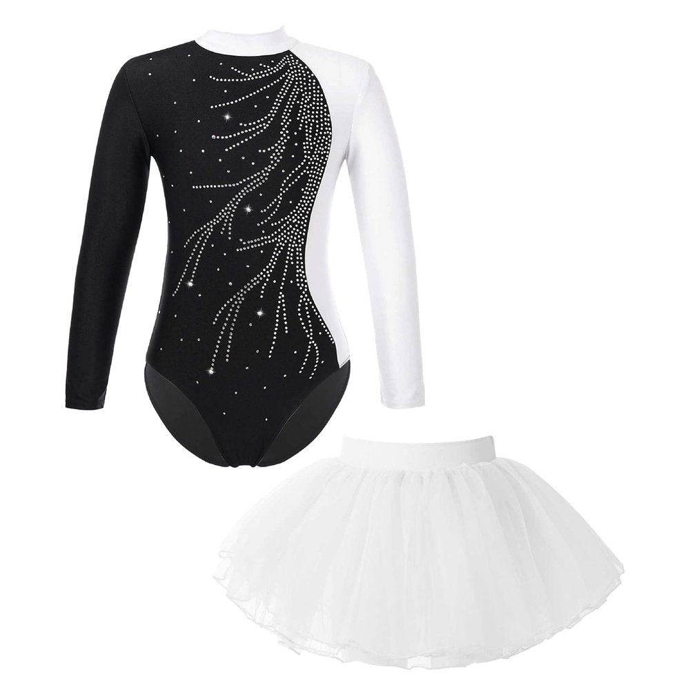 Linjinx Kids Girls Rhinestone Long Sleeve Ballet Dance Dress Set 2 Pieces Gymnastic Leotard with Tutu Skirt Dancewear White 16 Years