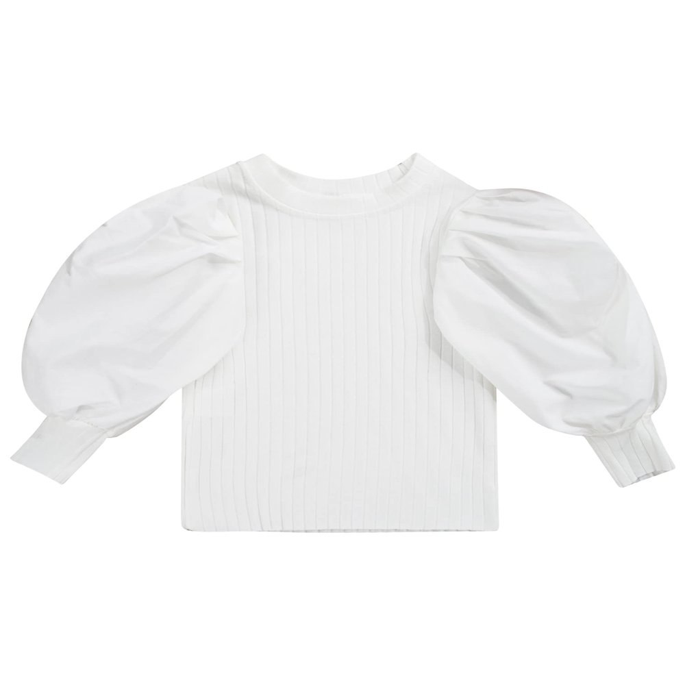 JEATHA Toddler Girls Puff Long Sleeve T-Shirt Solid Color Ribbed Knit Tee Blouse Fashion Fall Tops White 12-18 Months