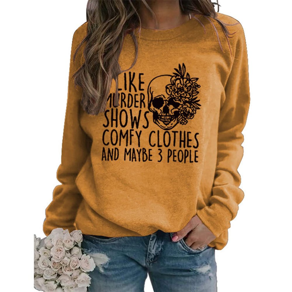 BOFUPAGO I Like Murder Shows Comfy Clothes and Maybe 3 People Sweatshirt for Women Crewneck Sweatshirts Long Sleeve Tops Yellow