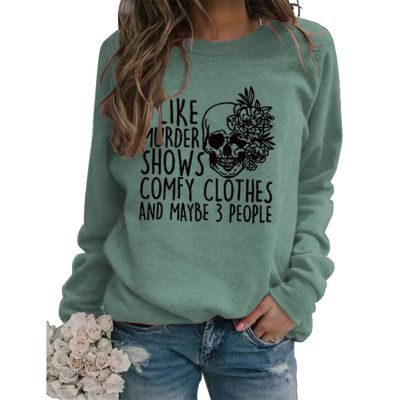 BOFUPAGO I Like Murder Shows Comfy Clothes and Maybe 3 People Sweatshirt for Women Crewneck Sweatshirts Long Sleeve Tops Light Green