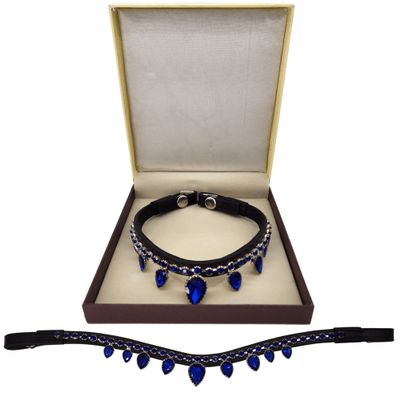 BlazingPaws Radiana Snap-On Luxury Bling Crystal Leather Browband for Horse Bridles (16 Inches, Black Snap-On, Teardrop Sapphire)